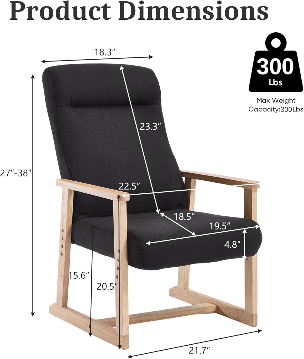 KCC Recliner Chair Adjustable Small Fabric Single Sofa with Ergonomic Back Support,Accent Chair for Living Room, Nursery, Bedroom, Black, Set of 2