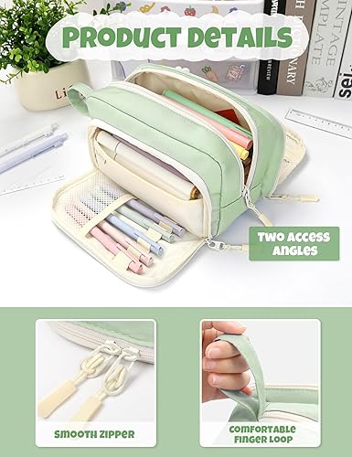 Miniatura 3 de SUNEE Cute Pencil Case, Aesthetic Pen Pouch, Kawaii Colored Large Pencil Bag with Zipper, Stationery Storage and Organizer, Green School Supplies