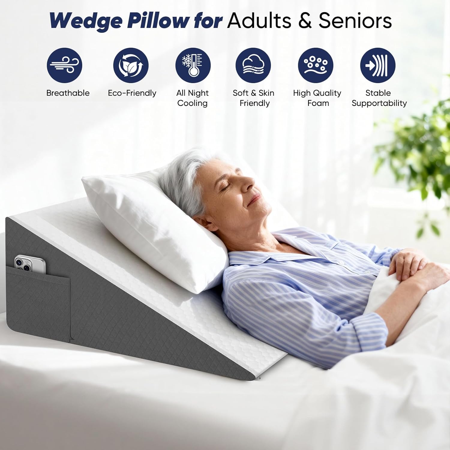 Bed Wedge Pillow for Sleeping, Reading & Resting, 10 inch Cooling Memory Foam Incline Pillow Wedge for Adults Seniors, Ideal for Couch, Bedroom & Living Room, Removable Washable Cover