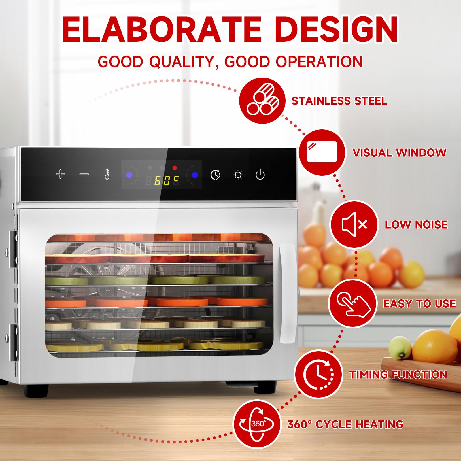 6 Plateaux Deshydrateur Alimentaire en Acier Inoxydable, avec Température Réglable 30 à 90°C et Minuterie Numérique (0-24h), pour Fruits, Poisson, Légumes, Viande, Jerky, Herbes (6 Plateaux)