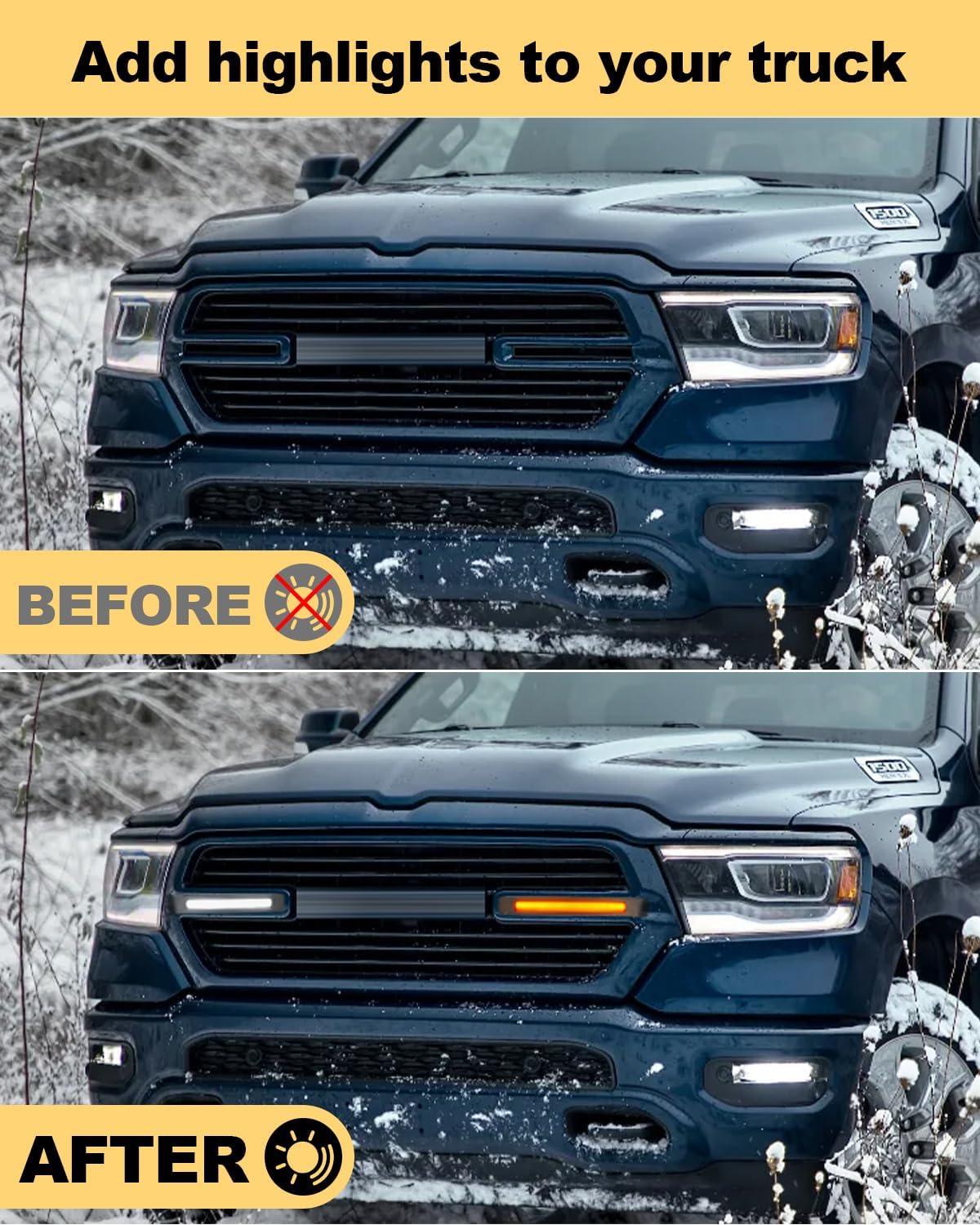 LED Grille Light Bars for 2019-2024 Dodge Ram 1500 Laramie Raptor Bumper Marker Lights with Sequential DRL and Turn Signals (Style Without Stars)
