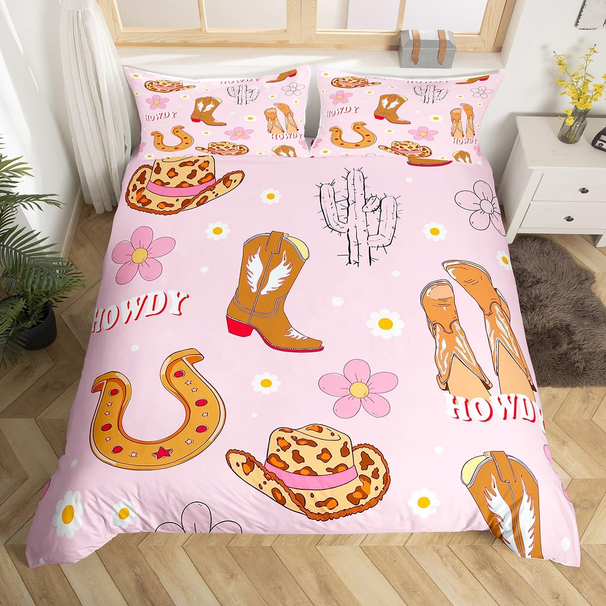 Homewish Copripiumino 140 x 200 Cowgirl rosa con 1 federa 65 x 65 cm – Parure da letto per bambini, motivo: fiori di campagna, set di copripiumini ferro a cavallo occidentale – microfibra