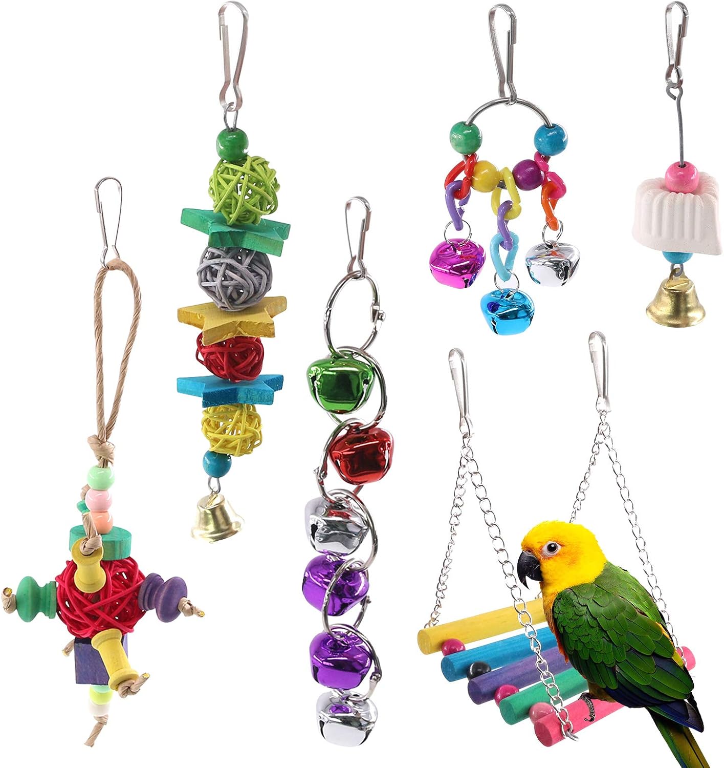 Hilitchi 6 Pcs Birds Toys Hanging Hammock Bell Swing Chewing Toys for Parrots, Parakeet, Conure, Cockatiel, Mynah, Love Birds Small…