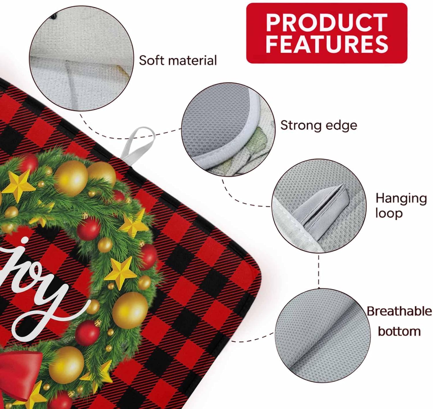 Christmas Wreath Dish Drying Mats for Kitchen Counter,Absorbent Microfiber Dish Drainer Rack Mat Text Red Black Buffalo Check Drying Pad for Sinks,Utensils,Countertops,18x24in
