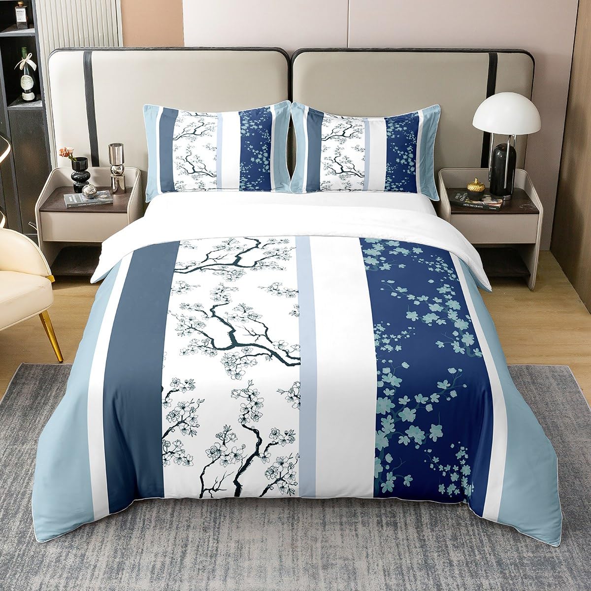 Housse de couette 140x200cm en coton bleu à rayures géométriques avec sa taie d'oreiller