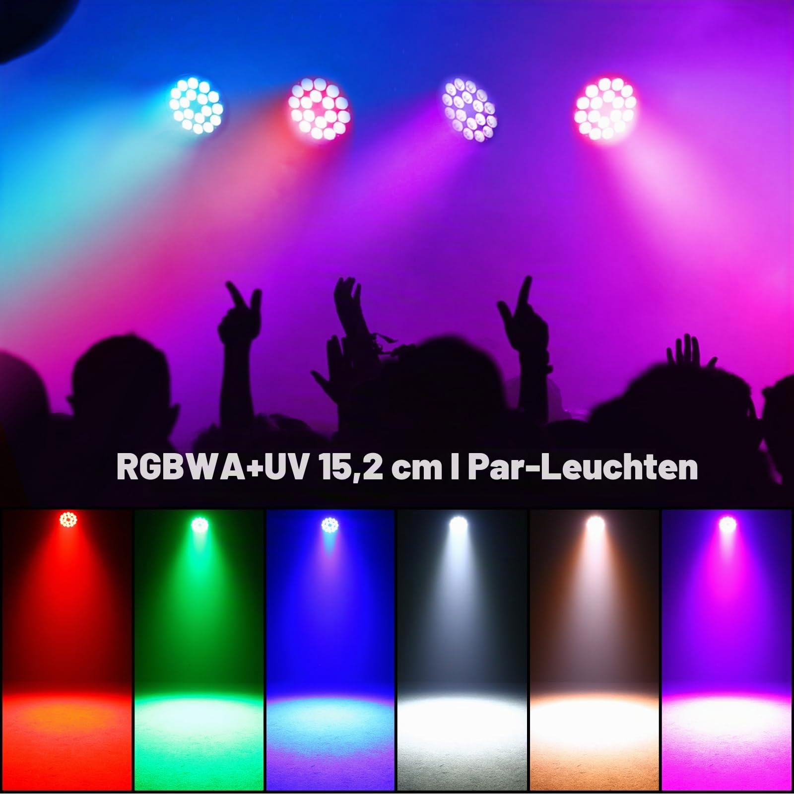 200W LED Par RGBWA+UV 6 in 1 Bühnenlicht Strahler, 18 LED Par Scheinwerfer Aluminiumschale mit D MX 7/10CH und Strobe, Discolicht Partylicht für Bar Party Hochzeit Weihnachten Halloween