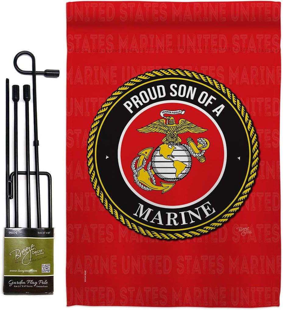 Breeze Decor Proud Son Garden Flag Set with Stand Armed Forces Marine Corps USMC Semper Fi United State American Military Veteran Retire Official House Yard Gift Double-Sided, Made in USA