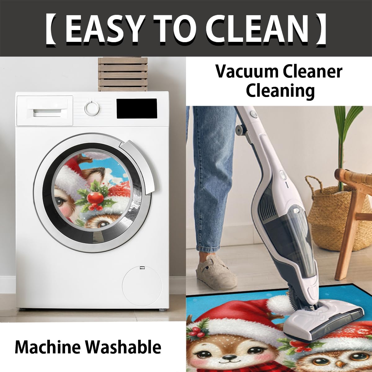 cfpolar Half Round Door Mat Christmas Elk Snowman Holly Non-Slip Semi Circle Area Rug Washable Semi Circle Floor Rug for Indoor Outdoor Living Room Bathroom Kitchen Patio Hearth Rugs Home Decoration