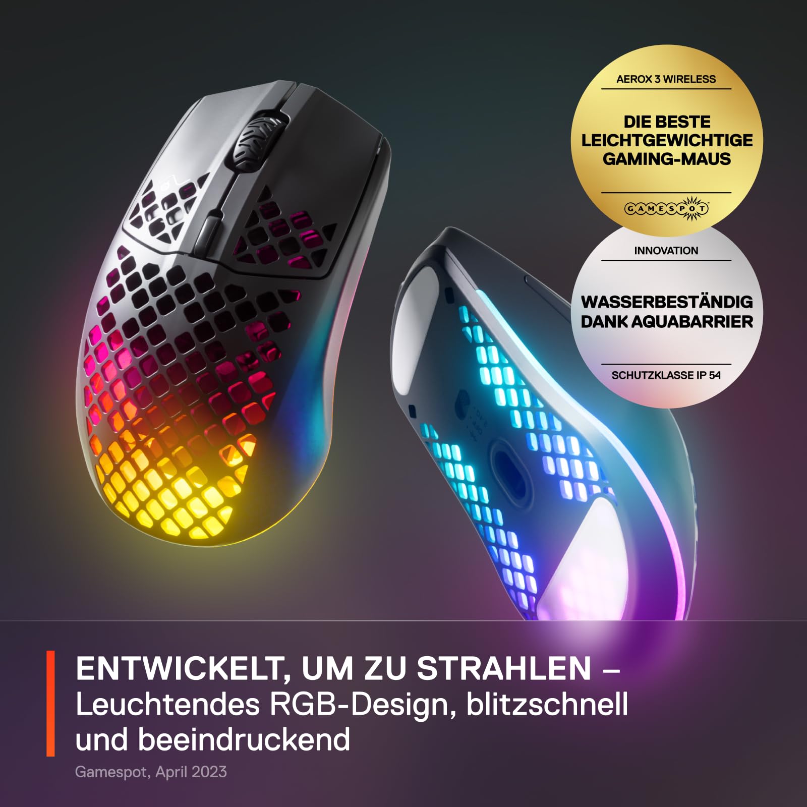SteelSeries Aerox 3 Wireless RGB Gaming-Mouse, optischer TrueMove Air-Sensor 18.000 DPI, wasserabweisend, Onyx