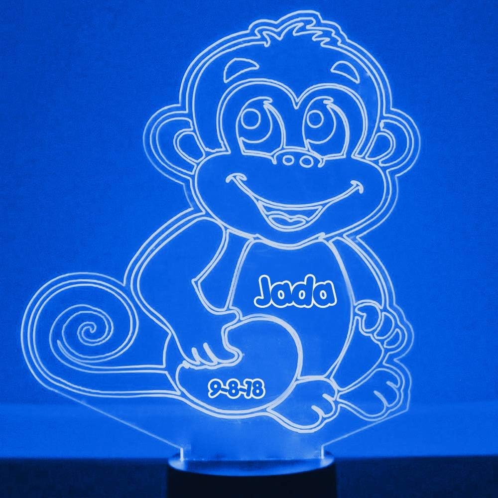 Personalized Monkey LED Sign Night Light Lamp with Remote, Custom Text, Acrylic Display with 16 Colors & 4 Modes, Battery or USB Power, Made in The USA