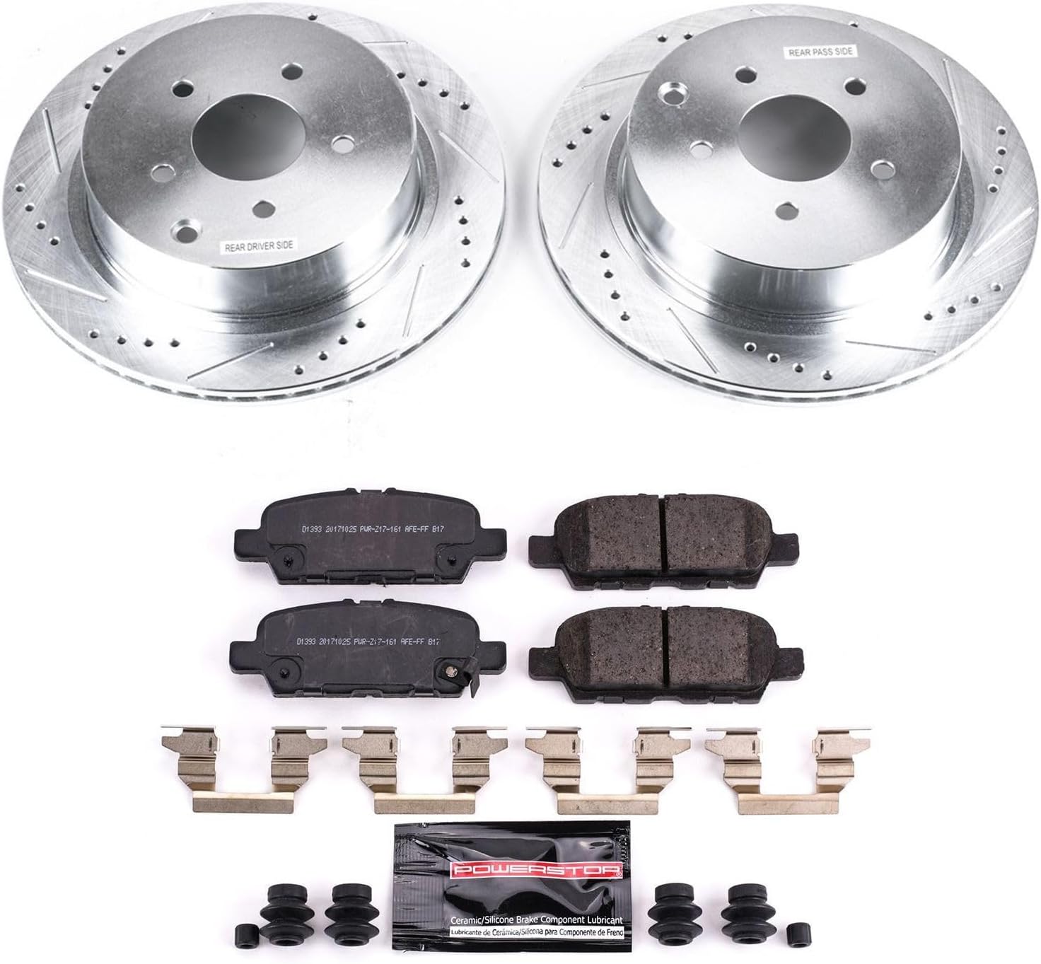 PowerStop Rear Brake Kit For Infiniti FX35 2010-12 |FX37 2013 |Q50 2014-24 |Q60 2017-22 |Q70 2014-19 - Drilled and Slotted Disc Rotors with Ceramic Brake Pads Replacement, K8021