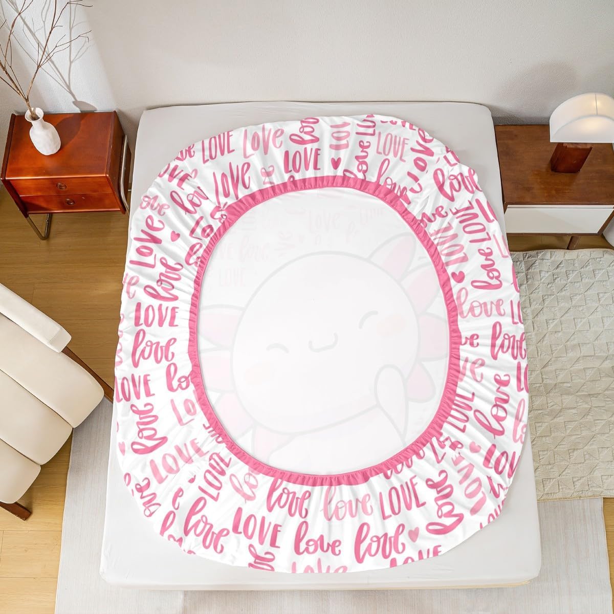 Cartoon Axolotl Kids Fitted Sheet Twin Size,Cute Salamander Ocean Animals Bedding Set,Girls Boys Adults Room Decor,Axolotl Lovers Kawaii Bed Cover,Pink Romantic Bed Sheet,1 Pillowcase