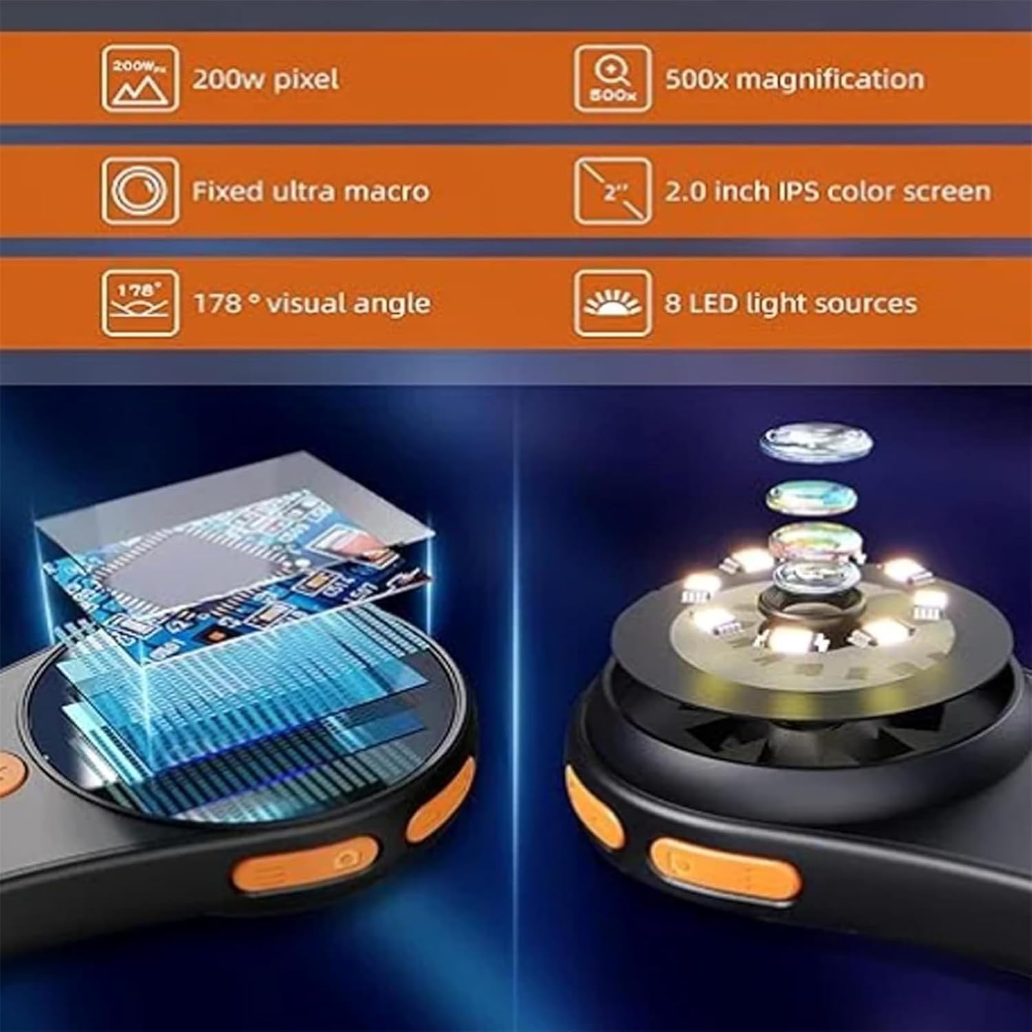 Microscopio Digital portátil Microscopio de Bolsillo portátil Pantalla de 2 Canales, Luces LED Ajustables de 3 Niveles Mini microscopio portátil de Mano, Conexión USB a PC,2Pcs-White
