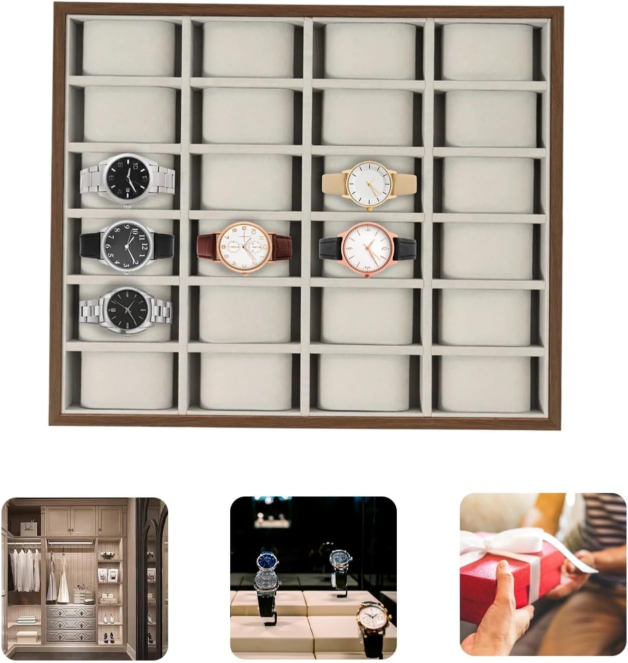 Jewelry Watch Tray 24 Grid Watch Jewelry Tray Organizer Wooden Box Display Bracelet Stand For Men Women Bracelet Display Holder