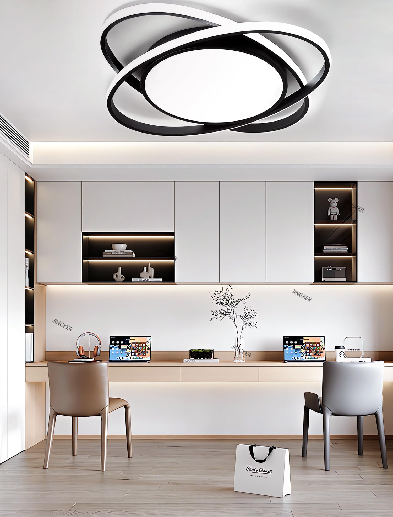 Nowoczesna minimalistyczna lampa sufitowa LED sypialni Okrągła konstrukcja 72W zpilotem Półwpuszczana lampa sufitowa Lampa sufitowa salonu Odpowiednia salonów isypialni (Czarny, L53cm)