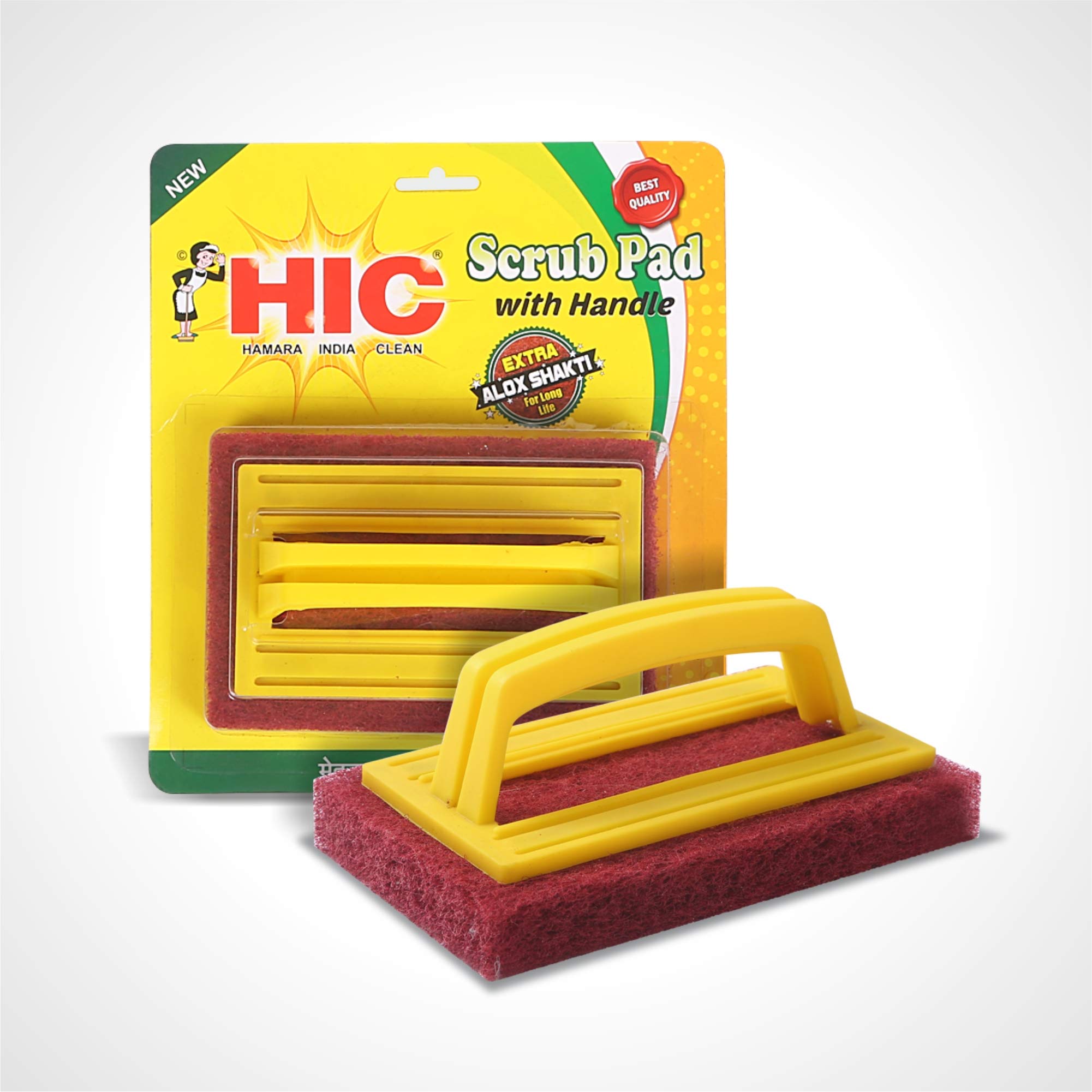 HIC Nylon Scrub Pad with Handle Multipurpose for Cleaning Kitchen and Bathroom Table, Tile, Floor (Colour Yellow/Red, Size- Standard) YI-537 (Pack of 2)
