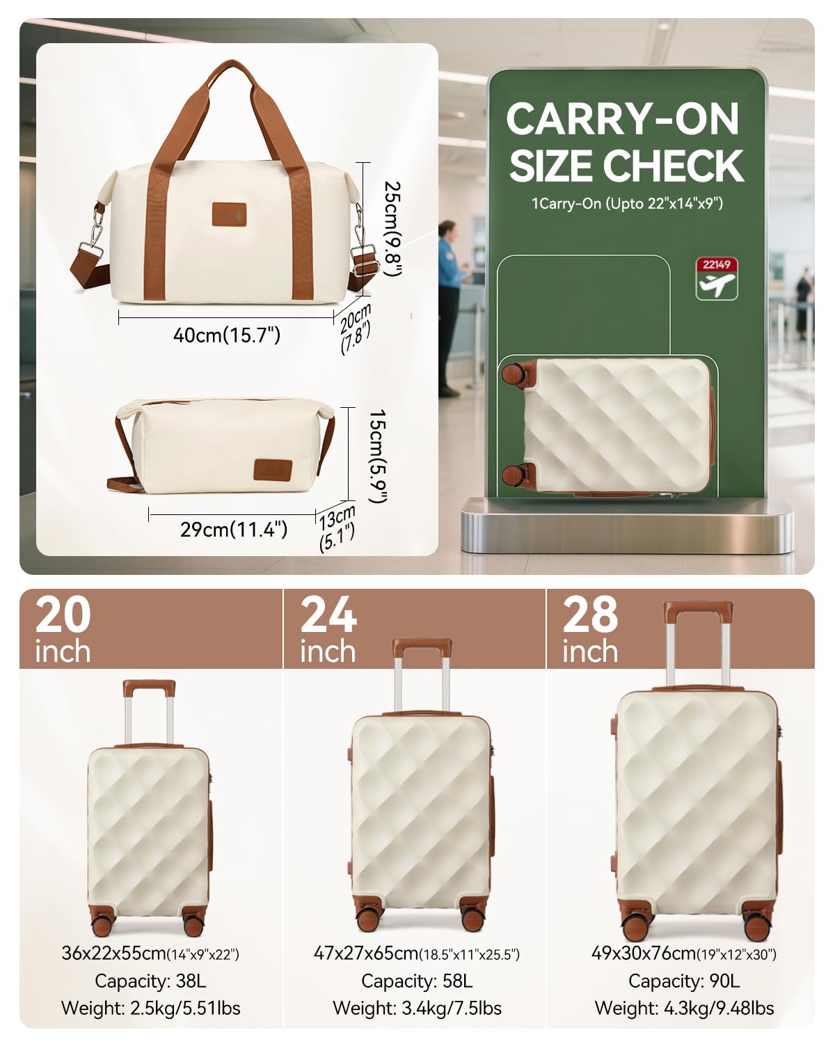 Sea choice Zestawy Bagażowe 5 Sztuk Walizek z Zamkiem TSA z Twardej Skorupy ABS Lekka i Trwała Walizka Podróżna z Kosmetyczką+Torba Podróżna (5-Częściowy Zestaw, beż)