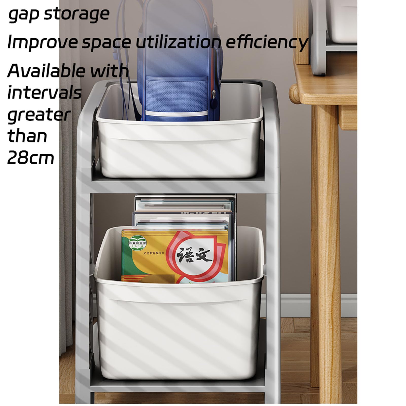 Carrello portaoggetti in plastica, con ruote e cestini, organizzazione sotto la scrivania per libri, materiale scolastico, dormitorio e casa, 1 livello, grigio