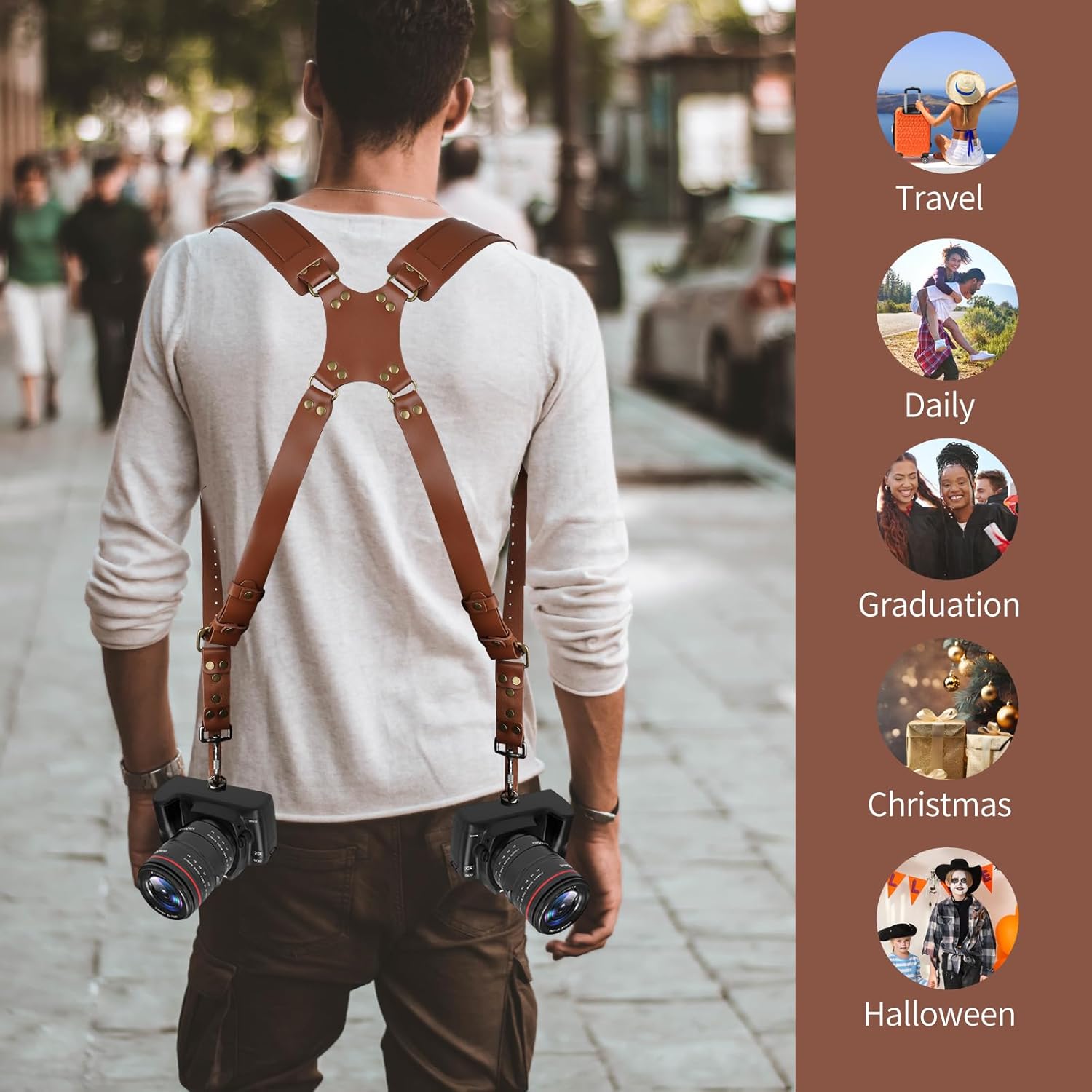 Dual Camera Harness Strap for Two-Cameras,Dual Shoulder Leather Camera Strap,Double Camera Harness for DSLR/SLR