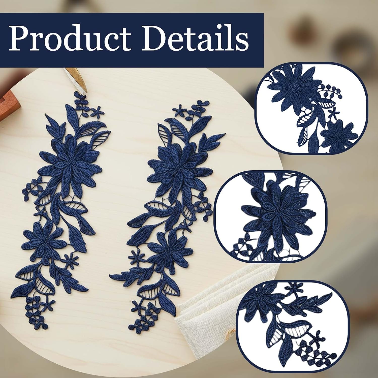 2 Pairs Navy Blue 3D Floral Embroidered Lace Appliques, Flower Embroidery Vintage Patches, Sew on Patches Bulk for DIY Wedding Dresses Bridal Gowns Veils Costume Decorations Craft Supplies