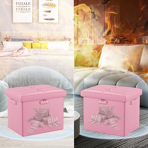 Miniatura 4 de DocSafe Taburete otomano de almacenamiento con cerradura y asas, taburete plegable de cuero ignífugo con caja fuerte de almacenamiento para sala de