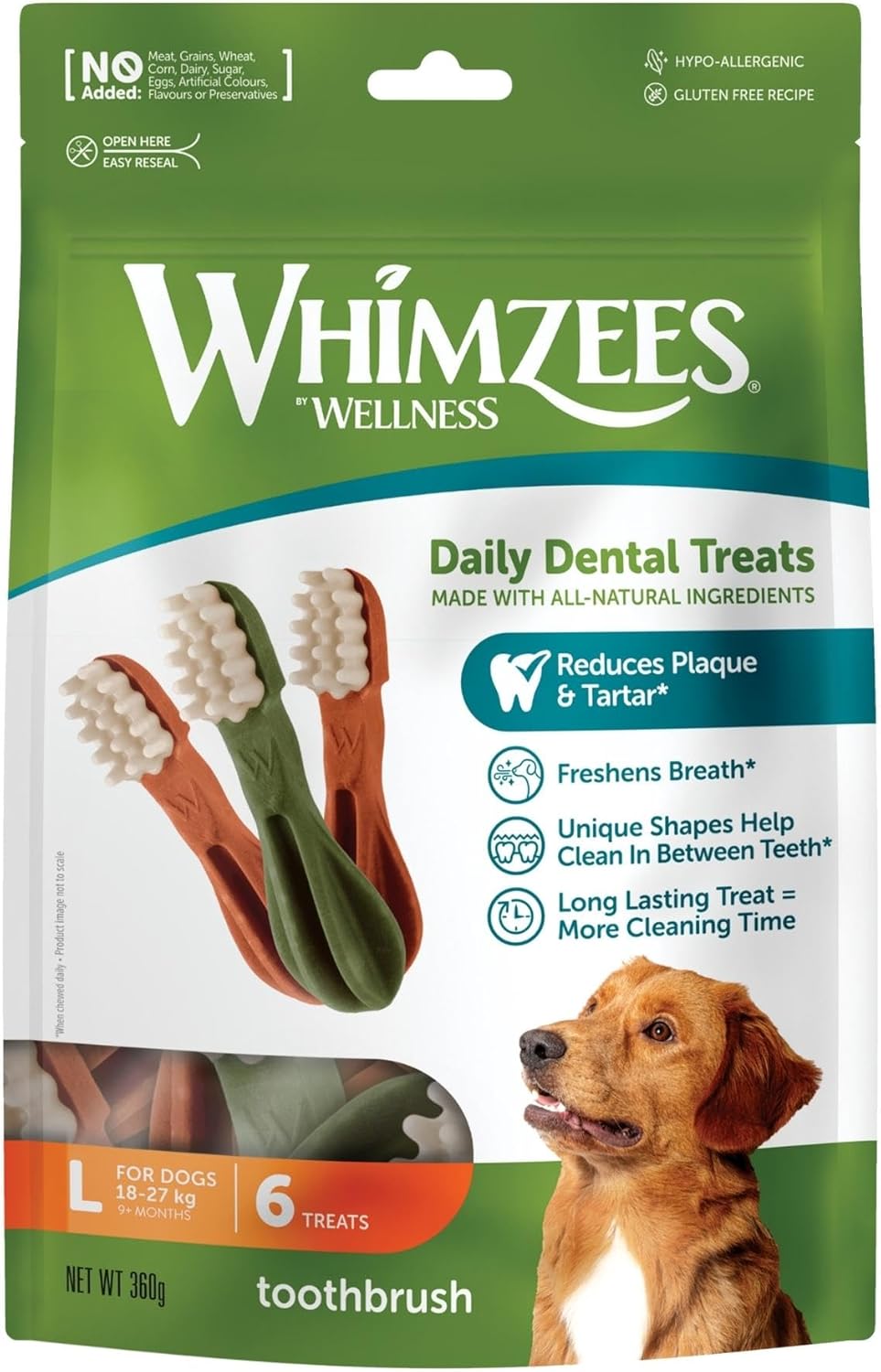 Whimzees WHZ304 6 Count Toothbrush Star Value Bag Doggie Dental Chews, Large