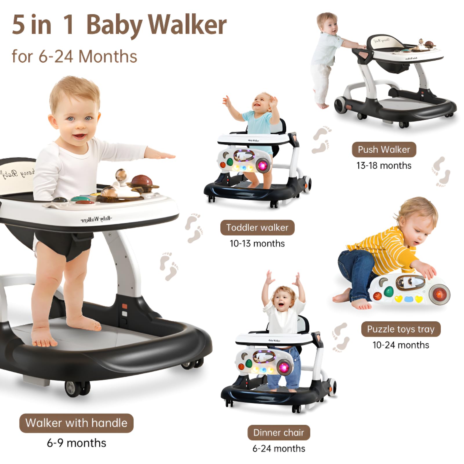 Baby Walker with Wheels Music and Lights with 9 Adjustable Heights Anti-Fall Baby Walker and Bouncer Combo for Boys Girls Babies 6-18 Months