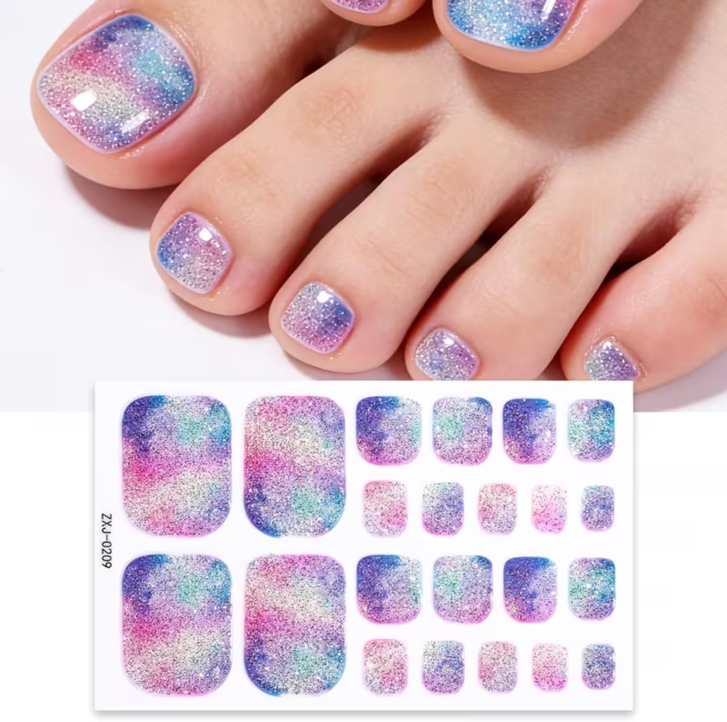 Gradient Glitter Full Nail Wraps Summer Dopamine Toe Nail Polish Stickers Strips Toenail Stickers 3D 6Sheets Self-adhesive Toe Nail Full Cover Decals Supplies for Women Manicure Accessories Decoration