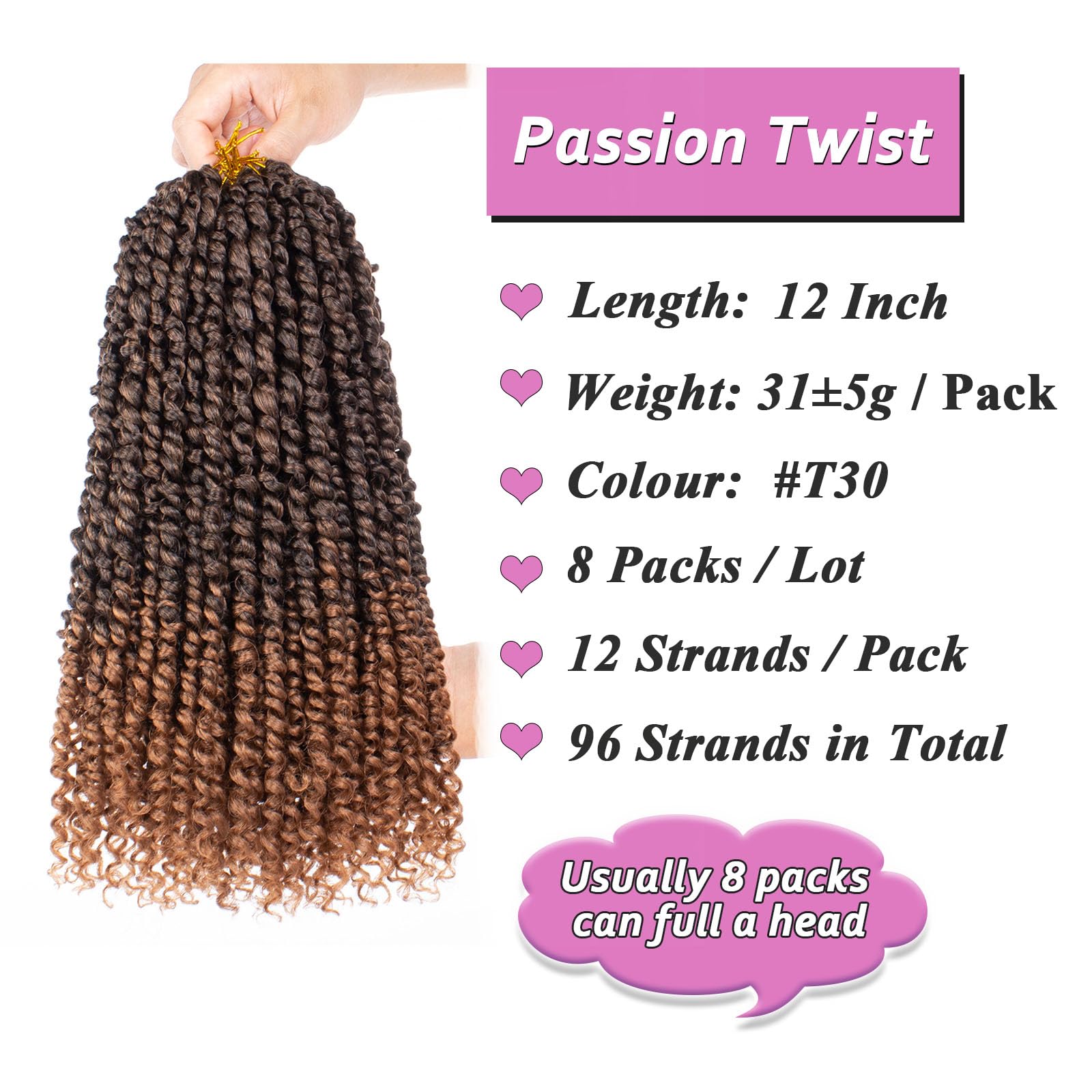 Samtress 12 Inch Passion Twist Crochet Hair 8 Packs Pretwisted Passion Twist Hair Synthetic Ombre Brown Pre Looped Bomb Water Wave Crochet Braids Hair Extensions for Women (#T30) - Image 2