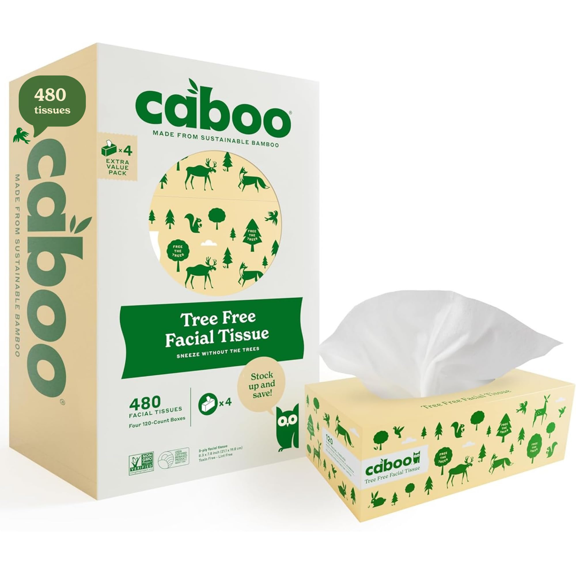 Caboo Tree Free Facial Tissue Paper, Tree Free, Eco Friendly 3 Ply Tissue Flat Box - 120 Sheets Per Box, Total of 4 Boxes, 480 Total Tissues