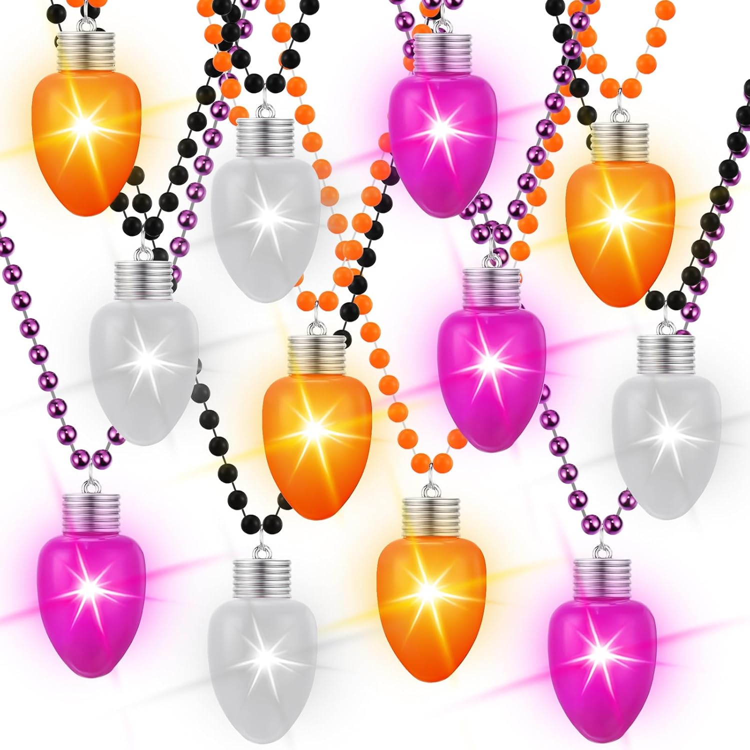 Ferreve 12 Pcs Halloween Light Up Bead Necklaces Bulk, LED Glow Bulb Party Lanyard Necklace for Halloween Trick or Treat, Costume Parties, Party Favors, Mardi Gras