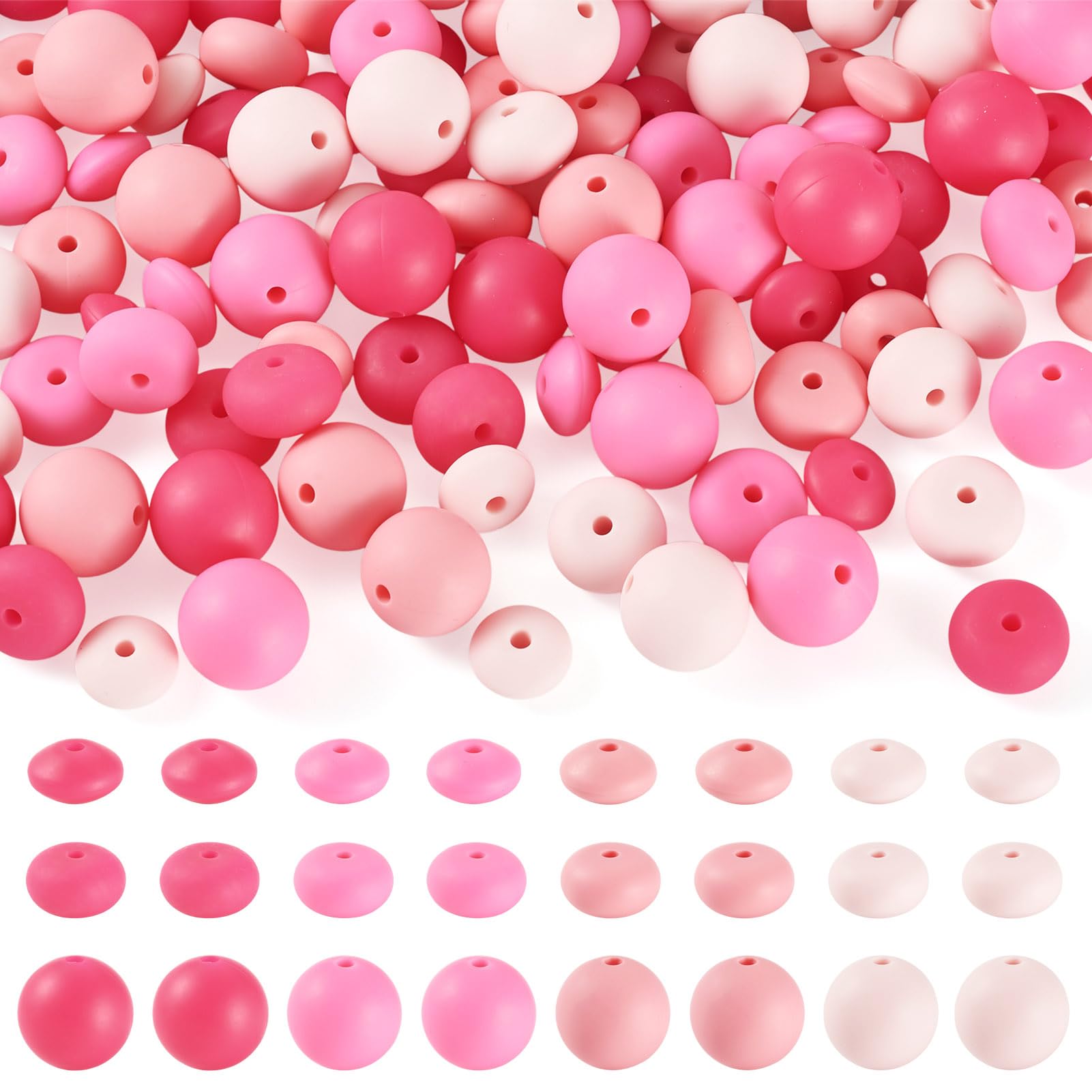 Cheriswelry 120Pcs Pink Rondelle Silicone Beads 15mm Round Silicone Focal Beads Soft Rubber Lentil Loose Spacer Bead for DIY Beadable Pens Bracelet Keychain Jewelry Making