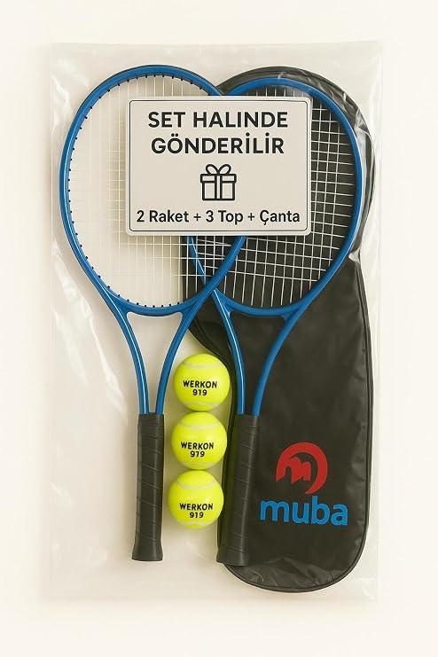 Muba 7li SET 27 İnç Yetişkin Tenis Raketi Seti 2 Raket 2 Çanta 3 Top L2 Grip 68 cm Çok Renkli Tek Ebat