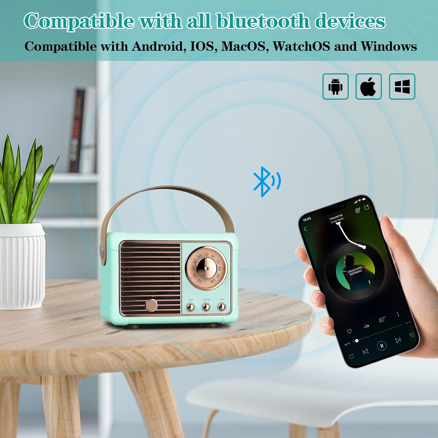Retro Bluetooth Speaker, Vintage Decor, Wireless Portable Mini Bluetooth Speaker, Small Cute Old Fashion Style for Kitchen Desk Bedroom Home Office Party Outdoor Gift (Blue) image 2