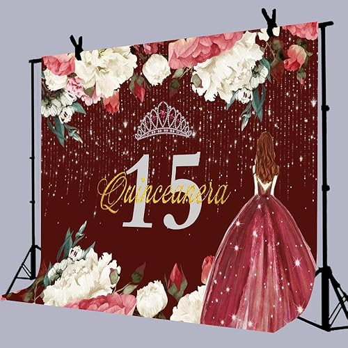 Miniatura 4 de Telón de fondo de feliz cumpleaños 15 para niña, quinceañera, 7 x 5 pies, corona de flores rojas burdeos, corona, princesa, decoración de fiesta de