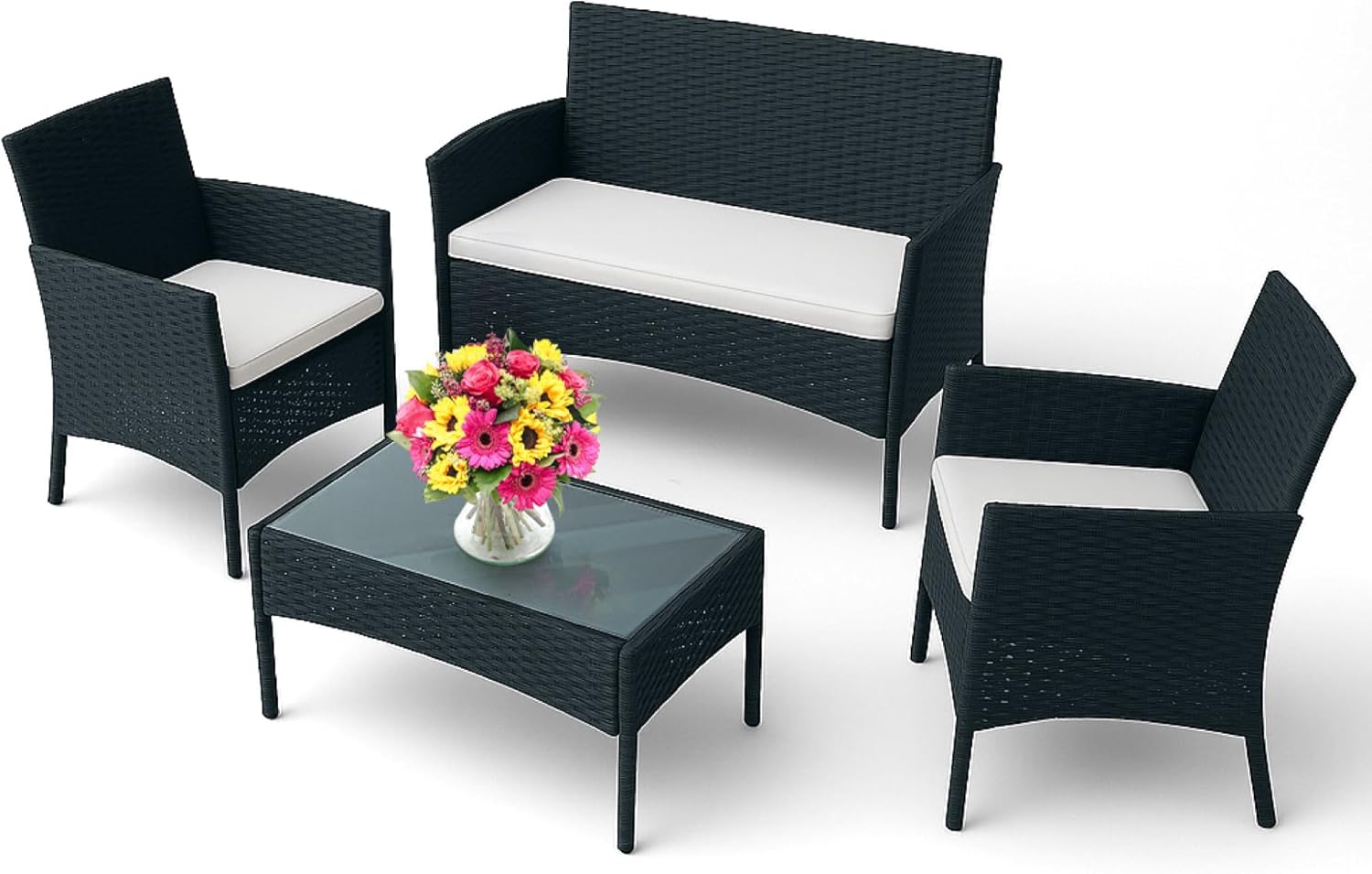 EconoHome 4-Piece Outdoor Patio Furniture Set – Patio Set with 2 Rattan Chairs, 1 Loveseat & 1 Glass -Top Coffee Table – Weather-Proof Wicker with Cushions – Conversation Set for Porch, Balcony, Lawn EconoHome 4-Piece Outdoor Patio Furniture Set – Patio Set with 2 Rattan Chairs, 1 Loveseat & 1 Glass -Top Coffee Table – Weather-Proof Wicker with Cushions – Conversation Set for Porch, Balcony, Lawn