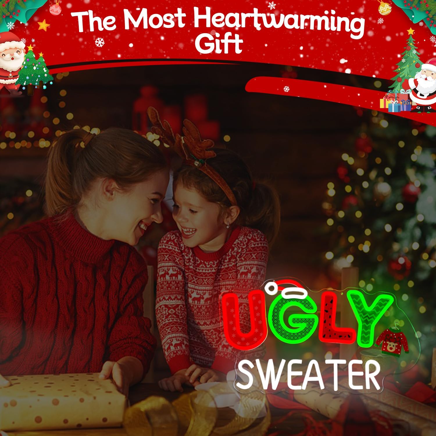 Christmas Neon Sign Ugly Christmas Sweater Party Decoration Dimmable Red and Green Light Up Sign for Wall Decor Led Ugly Sweater Party Backdrop for Gift