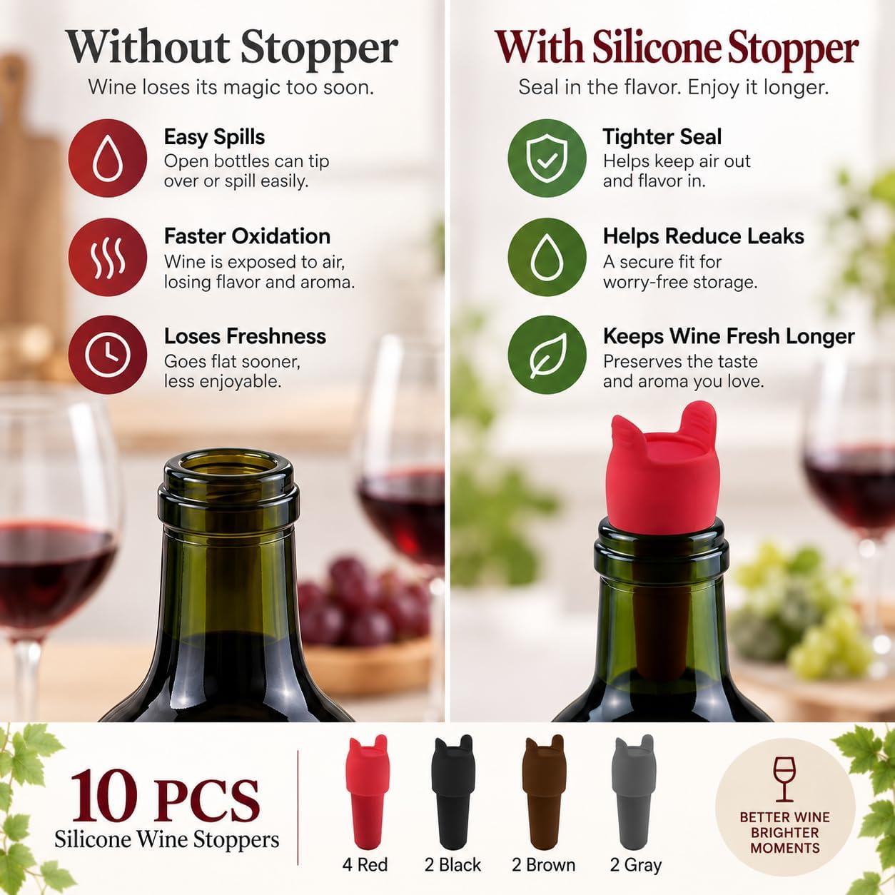 10Pcs Silicone Wine Bottle Stopper, Leakproof Wine Stoppers for Wine Bottle