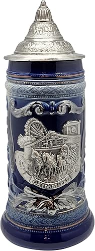 Miniatura 6 de 0.6 litros  OktoberfestHaus Oktoberfest Stein Bier Krug - Stein Bier Krug de cerámica negro carbón con medallón de metal de caballos de tiro