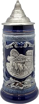 0.6 Liter | OktoberfestHaus Oktoberfest Stein Bier Krug Cobalt Blue Ceramic Stein With Metal Medallion Of German Draft Horses and Wagon With Lid Oktoberfest Mug