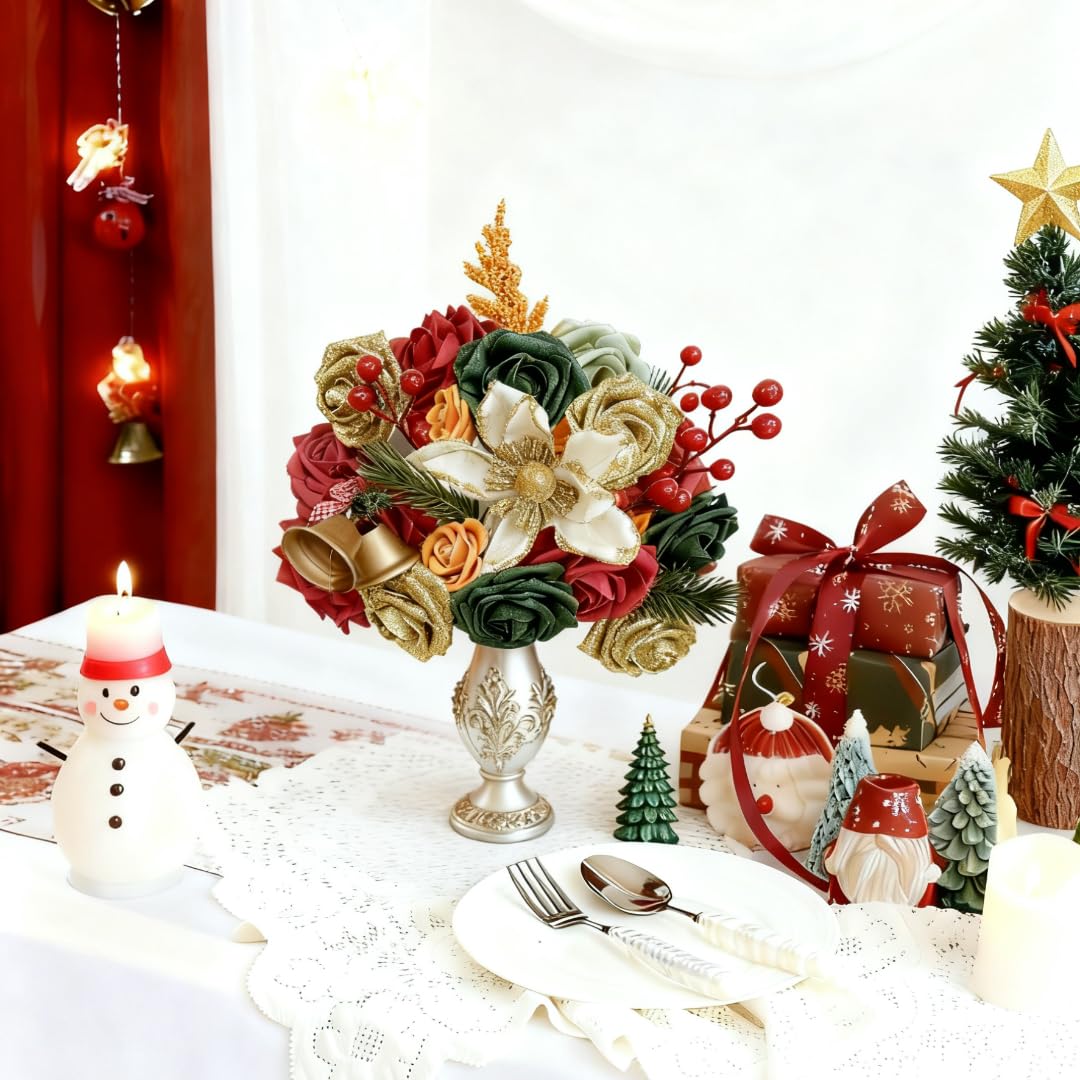 Künstliche Weihnachtsblumen-Box, Rosen, Weihnachtssterne, Stechpalme, künstliche Seidenblume für Heimwerker, Tischdekoration, Weihnachtsbaumschmuck, Weihnachtskranz, Urlaub, Zuhause, Party-Dekoration