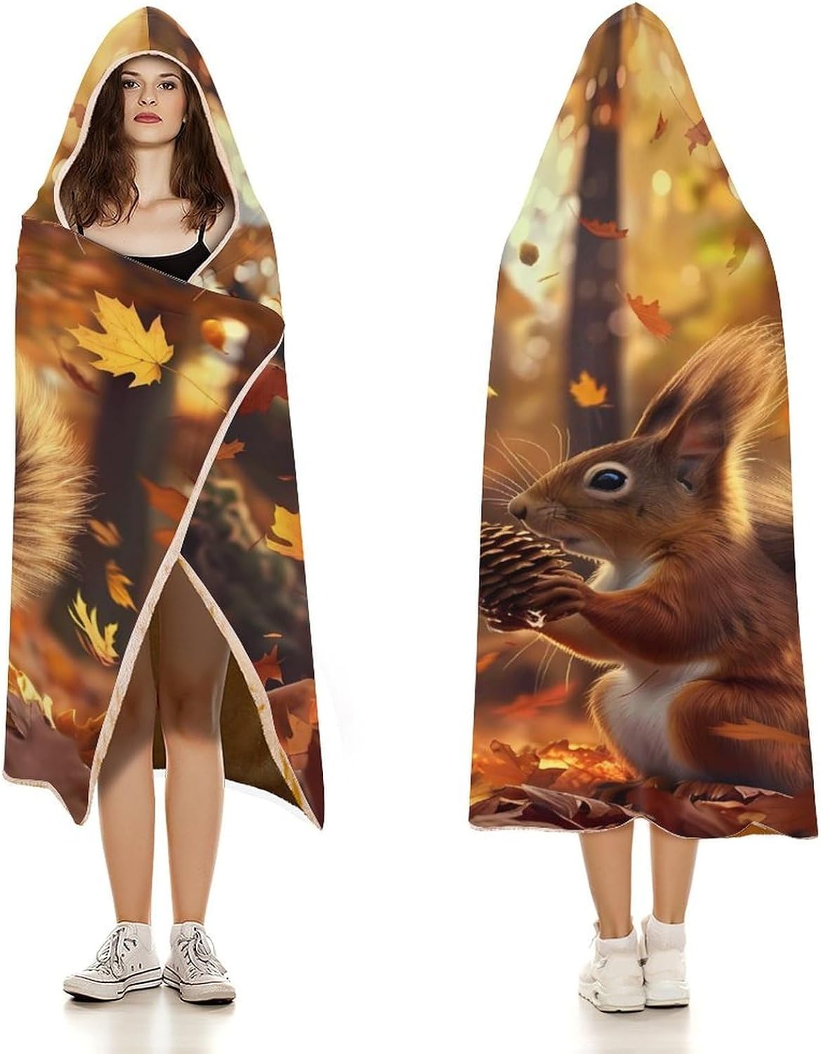 Cute Squirrel Autumn Forests Wearable Blanket Oversized Throw Cape | Cozy Hooded Blanket Gifts for Women Men