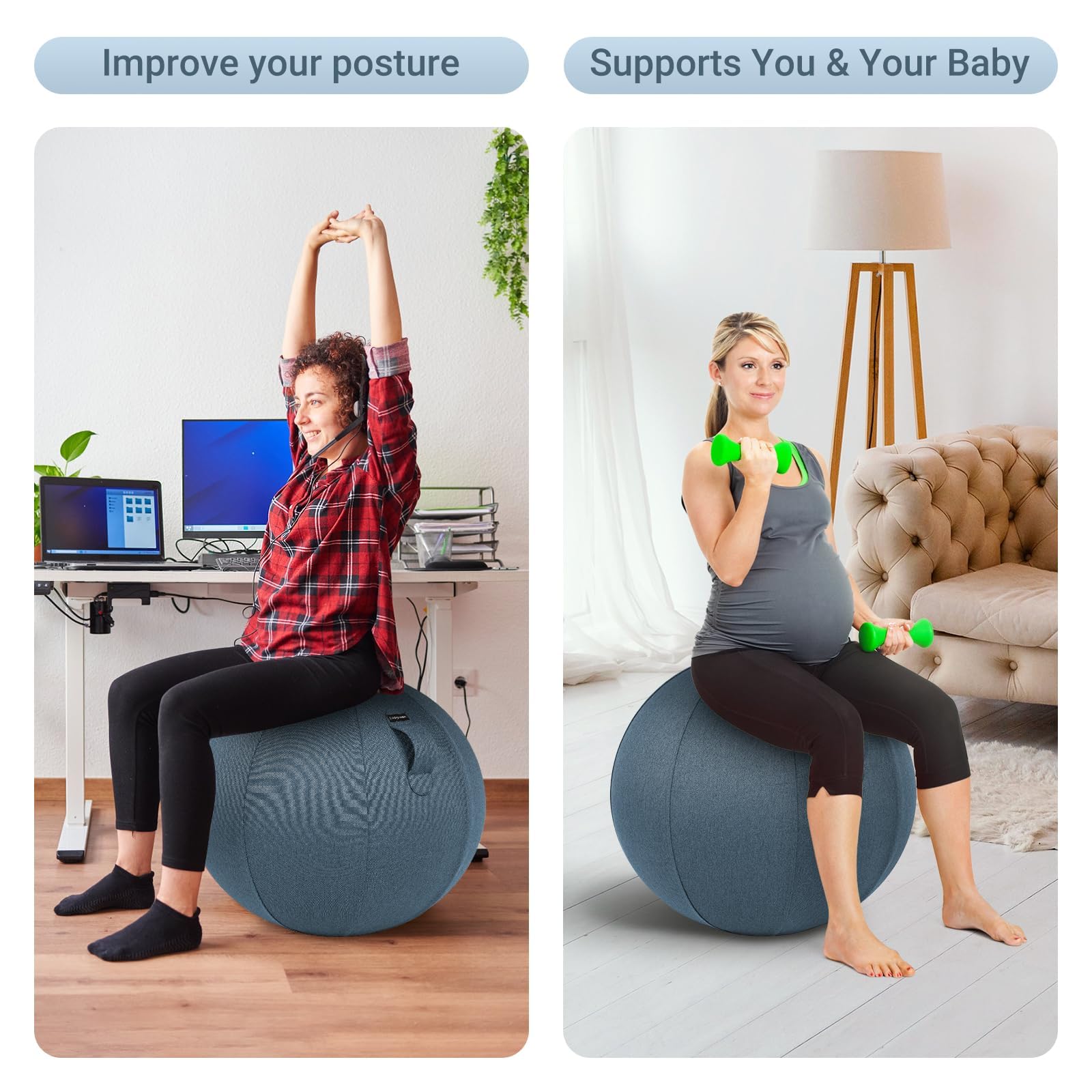 Leogreen Piłka do siedzenia w biurze rozmiar 65 cm piłka fitness ergonomiczna postawa aktywacyjna, z lnianą osłoną, ćwiczeniami gimnastycznymi i jogą, właściwa postawa, niebieska