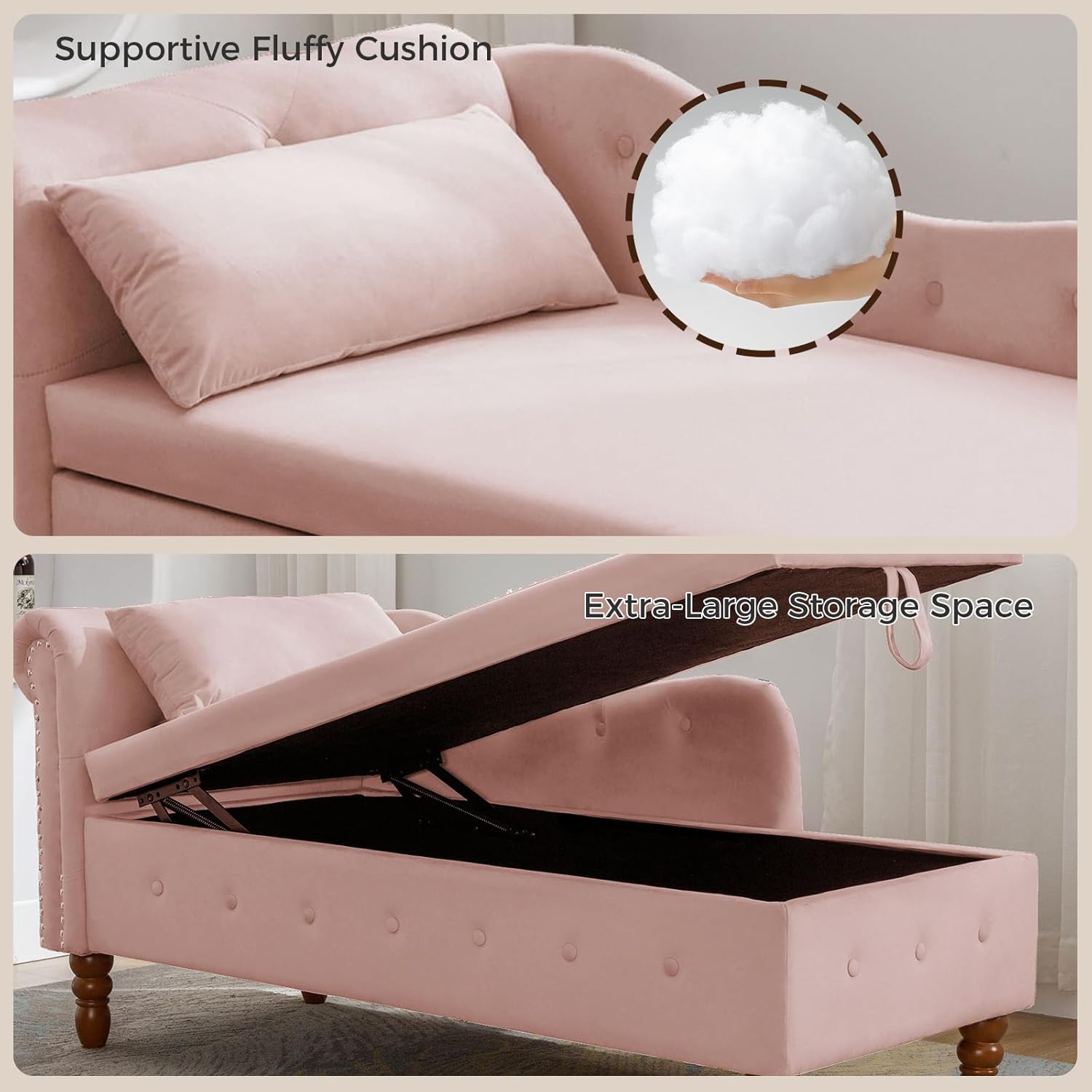 Velvet Chaise Lounge Indoor with Storage, Button Tufted Design Reclining Chair with 1 Pillow and Nailhead Trim,Sleeper Sofa for Bedroom, Living Room or Office (Pink)
