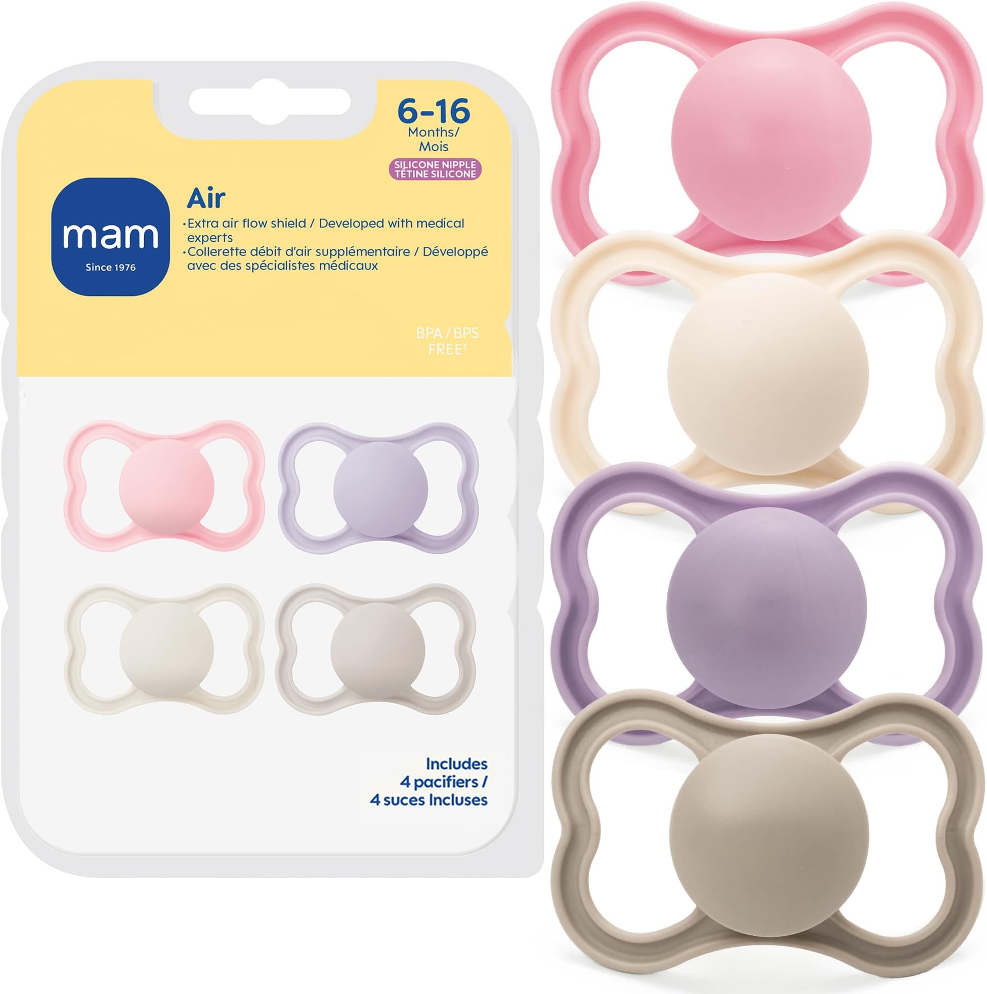 Air Pacifier for Babies 6-16 Months, Extra Air Flow for Sensitive Skin, Developed with Medical Experts, BPA-Free Skin Soft Silicone, 4 Count, Made in Europe