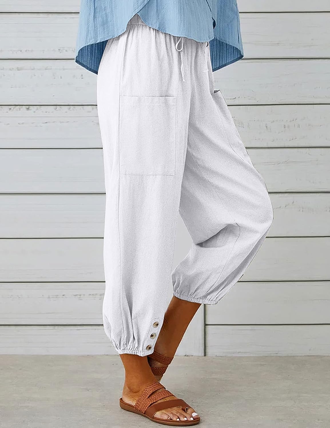 HangNiFang Cotton Linen Capri Pants for Women High Elastic Waisted Drawstring Cropped Pants with Pockets - Image 2