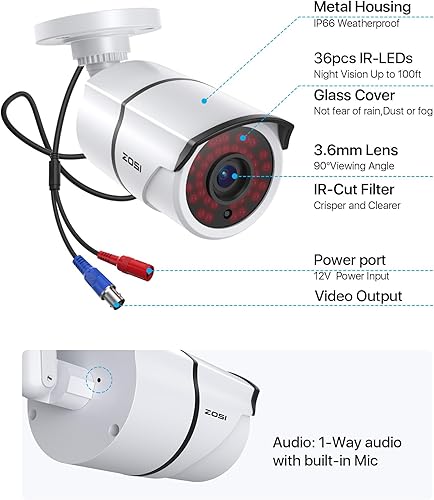 Miniatura 8 de ZOSI Cámara de seguridad CCTV CCTV de 2 MP 1080P HD-TVI con audio, micrófono integrado, IP66 resistente a la intemperie, visión nocturna, cámara de