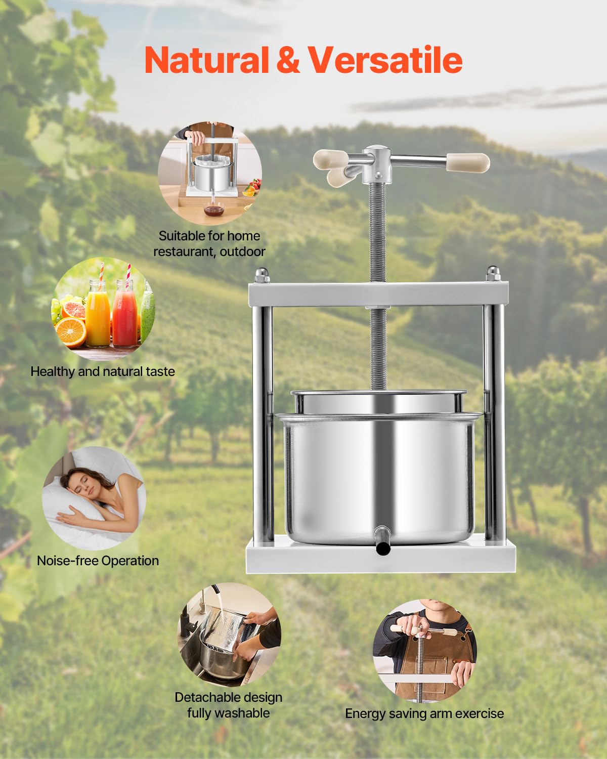 VEVOR Pressa Manuale per Vino di Frutta Cesto in Acciaio Inox 5L con Manico, Spremiagrumi Manuale per Bevande Alcoliche Pressa per Sidro, Mela, UVA, Tintura, Miele, Olio d'Oliva Cucina, Casa