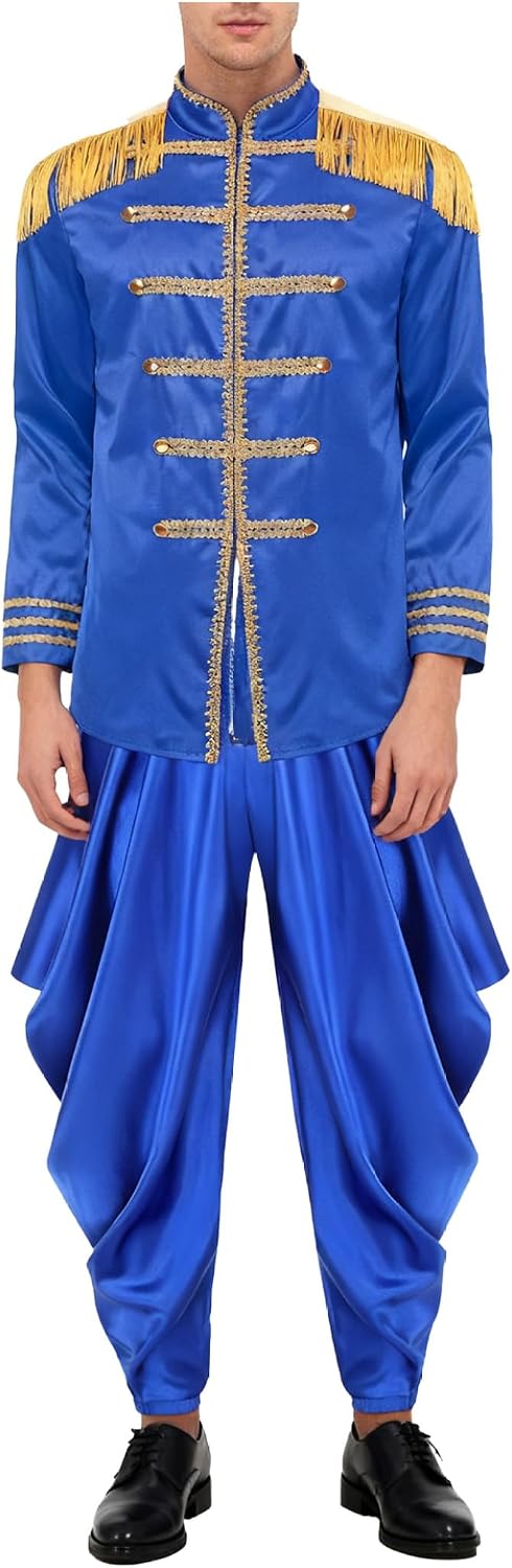 Mens Adult Sgt Sergeant Pepper Top Harem Pants Suit Retro 70s 80s Hippie Costume Satiny Pants