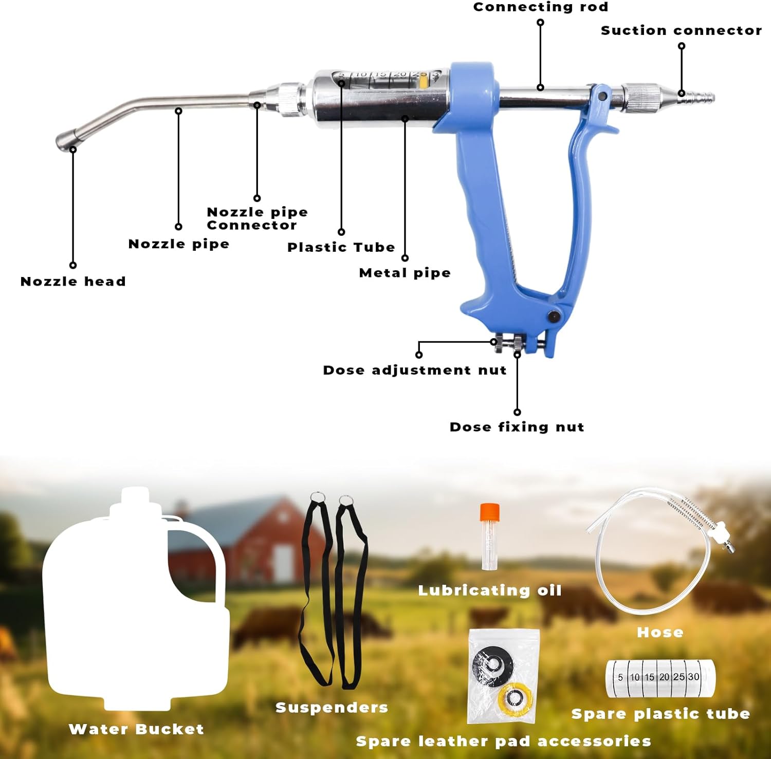 Adjustable Livestock Dosing Gun – 30ml Stainless Steel Veterinary Tool with 2.5L Portable Tank | Durable Oral Dispenser for Cattle, Pig, Sheep, Goats, Horses